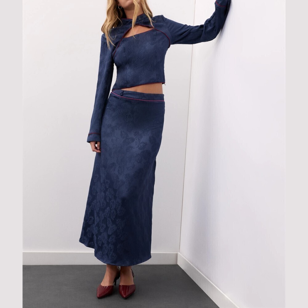 Navy Floral Jacquard Cutout Crop Top and Button Waist Maxi Skirt Set